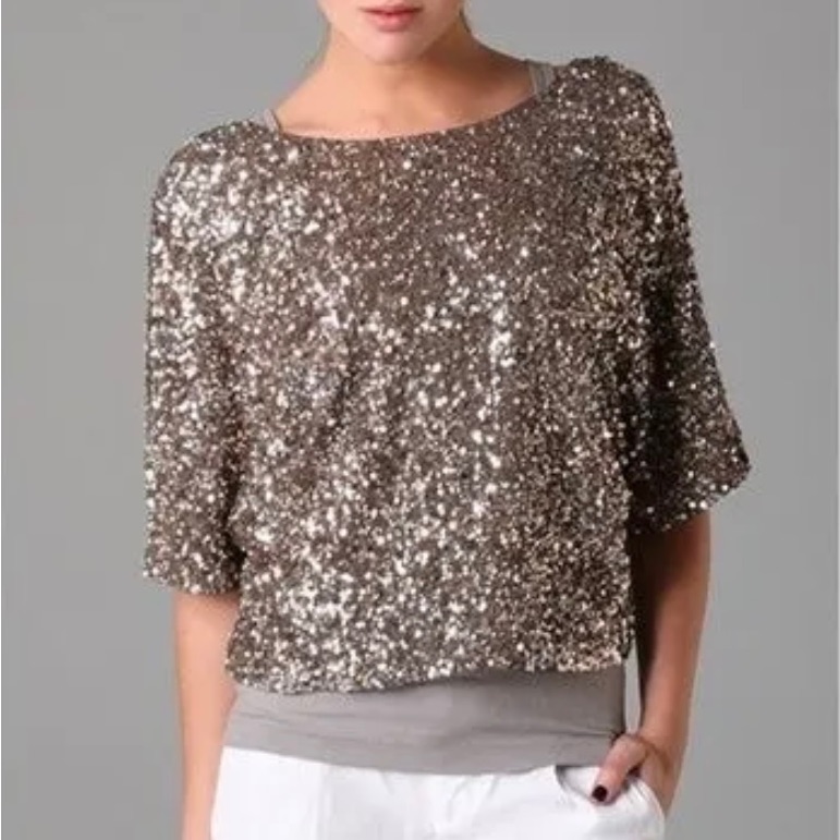 Vince Cluster Sequin Raglan Cropped Top Gun Metal Rose Gold. Sz Small